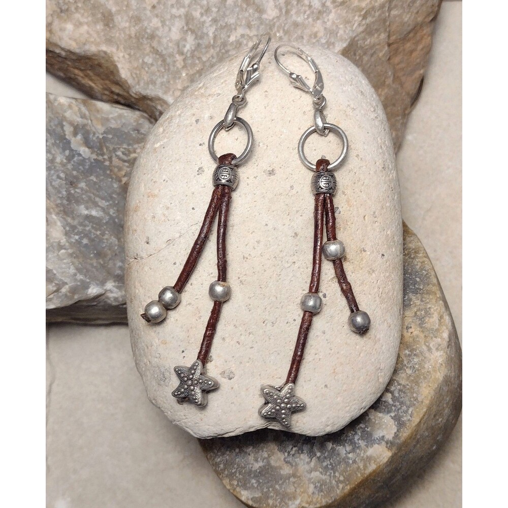 Vintage Sterling Silver .925 Leather Dangle Star Earrings